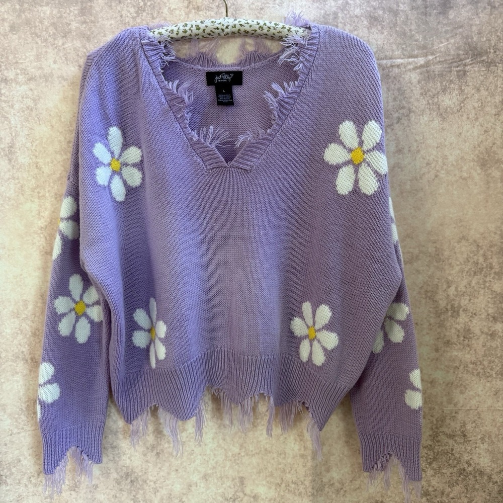 Just Polly‎ New York Lavender White Floral Raw Hem Sweater Women's Size L